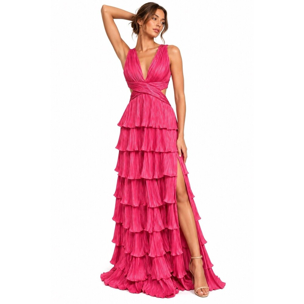 Lulus Beauty Icon Pink Satin Pleated Tiered Lace-Up Maxi Dress NWT M